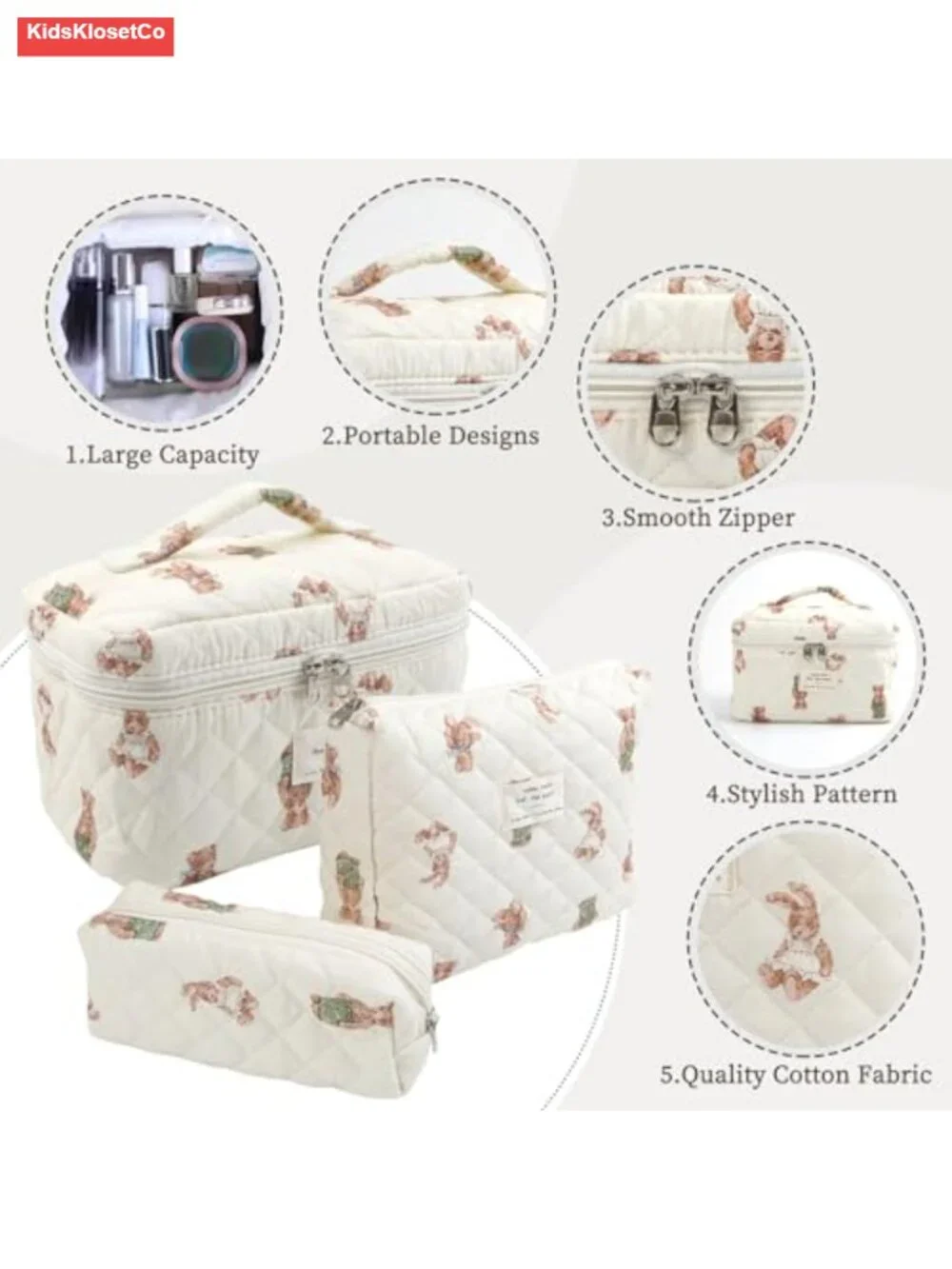 Quilted Cotton Makeup Bag Set of 3, Cosmetic Travel Toiletry Organizer, Floral